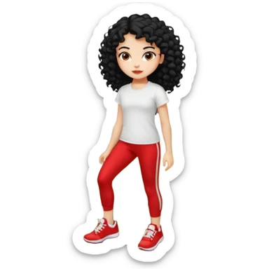 generate a pretty bratz fair skinned girl with curly black hair wearing a white tshirt trekking on a hill with red sneakers on and black leggings.  Put a hill behind her sticker