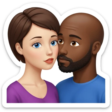 There is a white woman with short brown hair and blue eyes and a black man with no hair and a beard. The woman is giving a kiss to the forehead of the man sticker