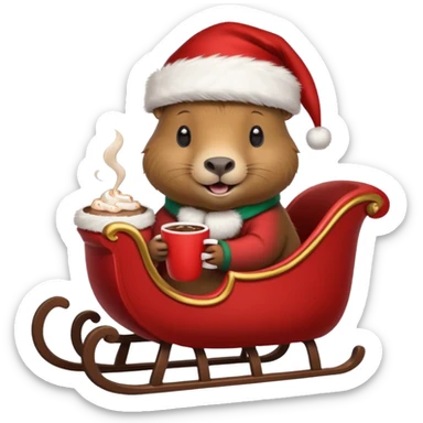 capybara wearing a santa hat, holding a cup of hot cocoa in a sleigh sticker