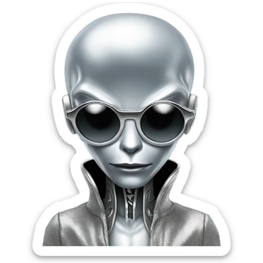 serious silver alien, on a dj board, with silver sunglasses too sticker