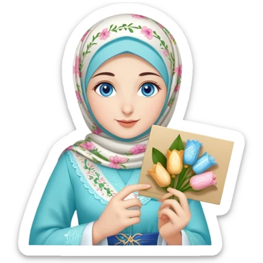 Turkish beautiful finish Konya girl blue eyes with lily floral hijab islamic dress and had on her hand text Eid Mubarak with sweets and celebrating with her friends eid days   sticker