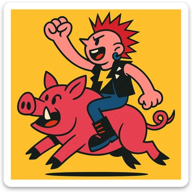 a punk riding a wild pig, vibrant cartoon style sticker