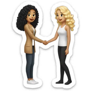 tan woman with black curly hair shakes hands with a woman who has wavy blonde hair sticker