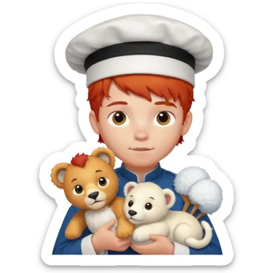 boy kid italian chef, red haired, uniform, holding plush polar lion sticker