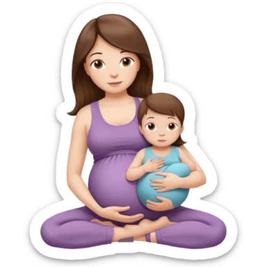 "Pregnant woman sitting in a yoga pose with long brown hair and fair skin, holding a newborn baby with short brown hair and fair skin." sticker