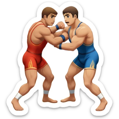 An icon showcasing two wrestlers engaged in a Greco-Roman wrestling match. The athletes are locked in a strong clinch, using their upper bodies to dominate. The background features a wrestling mat and traditional Greco-Roman elements. Transparent background. sticker