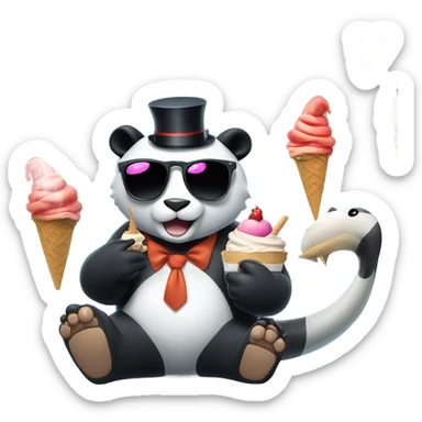 Cat with sunglasses sitting next to panda eating ice cream on top of a shark with a top hat sticker