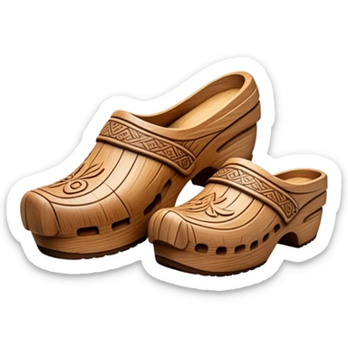 Cinematic Realistic Wooden Clogs Emoji, depicted as a pair of traditionally carved weathered wooden clogs with intricate details and rustic charm, rendered with rich textures and warm natural lighting that captures their cultural heritage. sticker