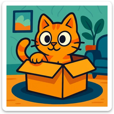 a curious orange cat peeking out of a cardboard box, playful and wide-eyed, cozy cartoon style sticker