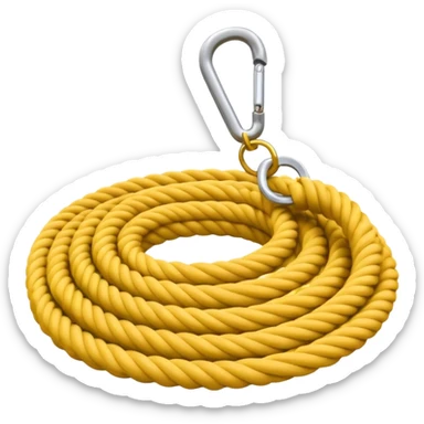 A 3D cartoon coiled climbing rope with a carabiner, golden color, resting on a rocky surface, realistic soft shadows, Memoji-style rendering. negative : Flag. sticker