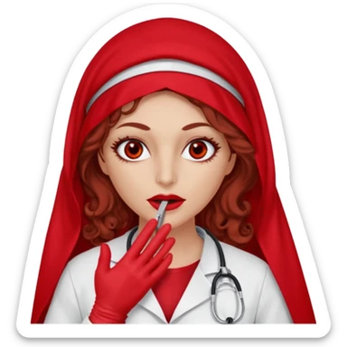 Lilith scalpel in hand, evil surgeon sexy surgeon clothes.  She has red eyes. She brown long curly hair. Wears sexy doctor outfit with red gloves. Wears red burka Covers mouth neck and nose with red burka to hide her identity sticker