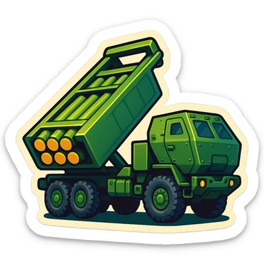 Create an emoji of HIMARS based on the provided photo. Style: emoji, three-quarter view, six rocket tubes, cabin, raised launcher, military green color, no background, focus on wheels. sticker