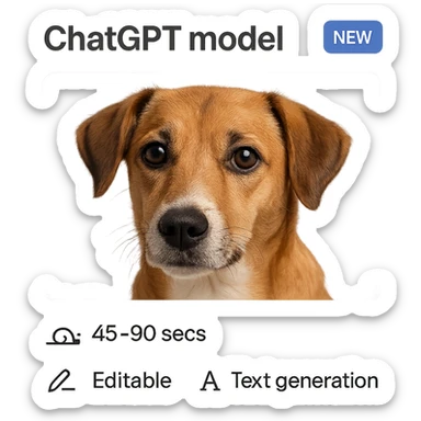 1:1 image of a dog for web UI, with tags 'ChatGPT model', 'Speed icon: slow 45-90 secs', 'Editable', 'Text generation', 'New' integrated into the image in a seamless, professional website style sticker
