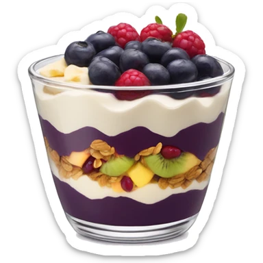 Açaí in a clear cup with layers of fruits and granola and condensed milk sticker