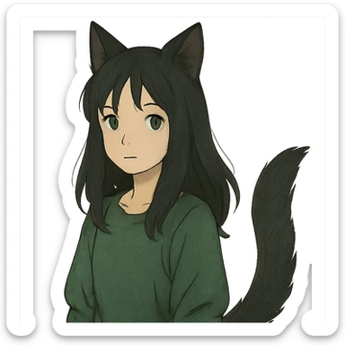 a girl with black fox ears and a tail, green eyes, dark hair sticker