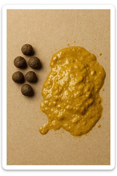 feci di animale a palline viste dall'alto e feci di animale liquide e gialline viste dall'alto, iperrealistico 4k sticker