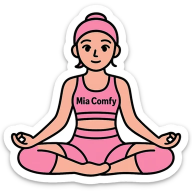 Add the name 'Mia Comfy' in a clear, stylish font on the pink yoga top. Keep the background transparent. sticker