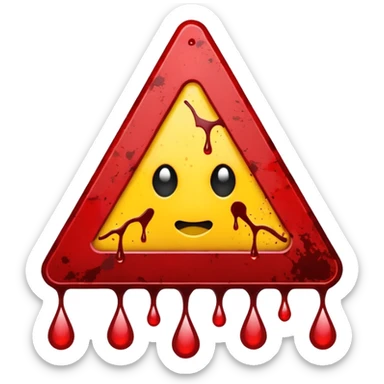 A triangular danger  and a bright yellow background. In the center, a dark red blood splatter spreads outward, with a few drops dripping down the sign. The design gives a wild, intense, and dangerous vibe, as if warning of something violent or hazardous. sticker
