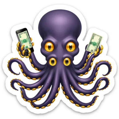 Intimidating octopus with pearl black skin, neon suction cups. Evil glaring eyes. Wearing a thick gold chain. 3 tentacles are holding their own cellphone, 2 other tentacles are holding stacks of money sticker