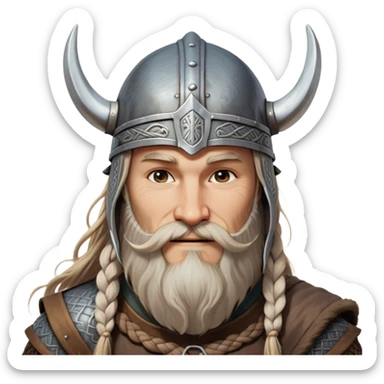 Clash of Clans aesthetic: Beautiful and Majestic Viking Portrait Emoji, Rendered in serene confidence with a gentle, enigmatic smile and a refined, weathered Viking helmet, showcasing a noble, sturdy build with long braided hair and a dignified beard, his face in natural skin tone, Simplified yet exquisitely endearing features, highly detailed, glowing with a soft, majestic Nordic light, high shine, calm and heroic, stylized with an air of timeless Norse elegance, soft glowing outline, capturing the essence of a majestic Viking whose noble spirit inspires epic quests! sticker