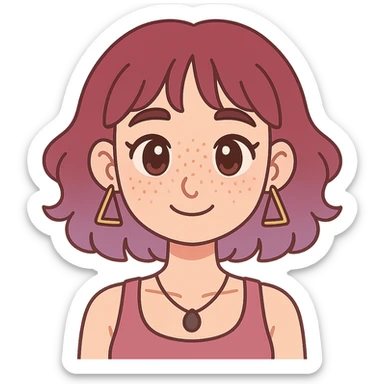 white woman with freckles on nose and cheeks, teardrop nose piercing, wavy wine hair with purple touch to shoulders, ear-length bangs, middle part hair, triangular hoop earrings, black stone necklace, tank top, thick eyebrows, large brown eyes, anime style, sensual touch sticker