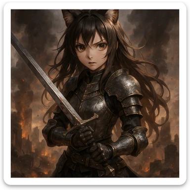 realistic anime catgirl as a warrior, armor, sword, dramatic battlefield background sticker
