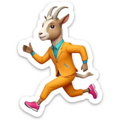 friendly anthropomorphised goat jogging upright in a colourful suit, relaxed pose sticker