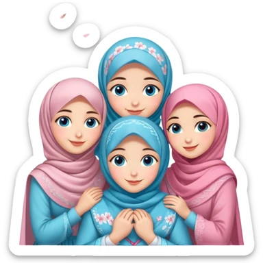 Four sister hugs Turkish girls beautiful finish Konya blue eyes with cherry blossom hijab and heart dress and hugs  sticker