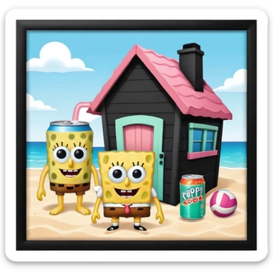 make an image of bikini bottom with SpongeBob,Patrick and squidwards houses,but instead with these objects (poppi soda,volleyball and rare beauty blush) sticker