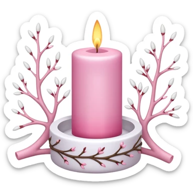 Pink candle holder with white tree branches around it and a beautiful white candle sticker