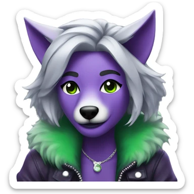 A purple Anthro wolf rockstar with green highlights in her grey hair sticker