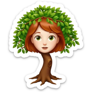 Un petit sapin vert sylvestre, féminin, regard malicieux, tâches de rousseurs délicates, joues roses. Yeux de biche brillants en forme amande, yeux couleur ambre, tronc couleur acajou. Sapin en mouvement, incurvé pour un effet vivant. Style memoji. sticker