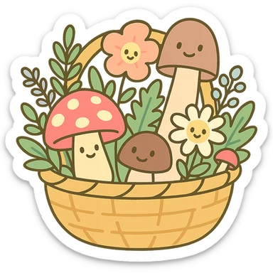 basket full of forest goodies including mushrooms, herbs, flowers in soft pastel colors, pastel-toon style sticker