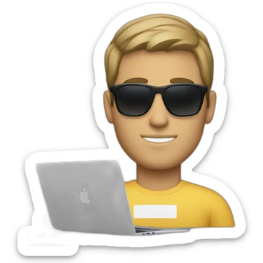 a white man with sunglasses typing in macbook pro 14 inch sticker