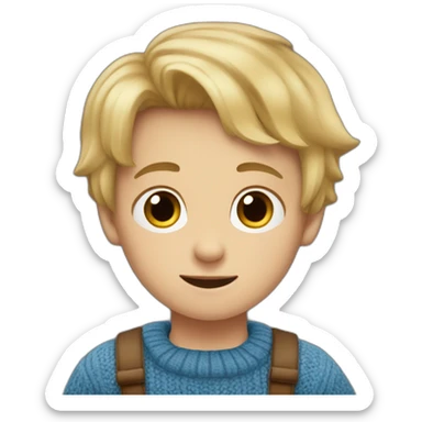 Little boy with blonde hair with brown eyes with a small bobo at the level of the mouth he is dressed in a blue and brown sweater sticker