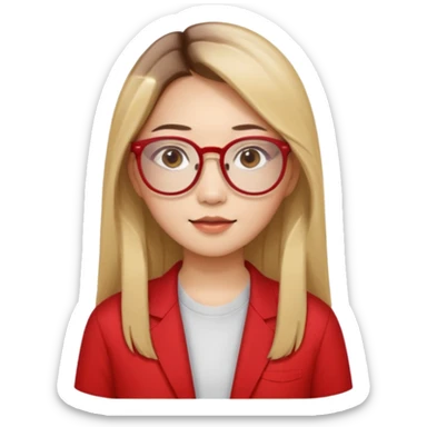 20 yr old asian woman, straight thick long brown hair, blond at ends of hair, center part to hair, big red glasses, brown eyes, casual shirt sticker