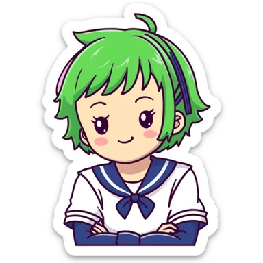 Mischievous anime girl with green short messy hair wearing Japanese sailor style school uniform, smirking and plotting, kawaii style sticker