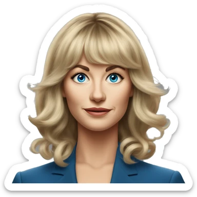 Medium length Dirty blonde poufy hair with bangs all across forehead and sides swept away from face business woman of 60 with blue eyes  sticker