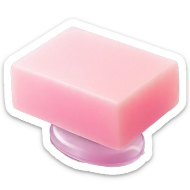 Light pink soap bar sitting on a soap holder, with soap bubbles  sticker