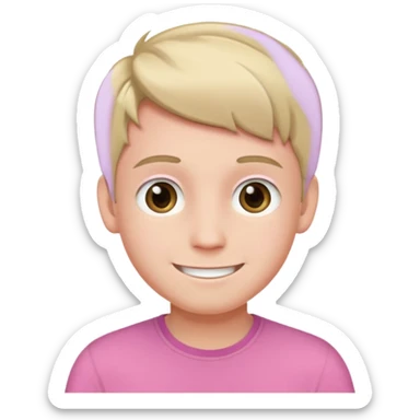 A smiling boy with a pink top and the darkest blonde hair sticker