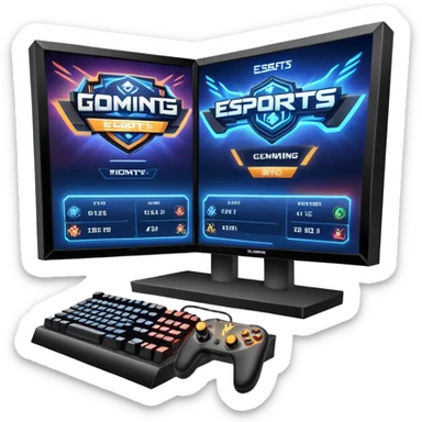 An icon featuring a gaming monitor displaying an intense esports competition, with players' hands on controllers and keyboards. A digital scoreboard and glowing energy lines surround the scene, symbolizing the excitement of competitive gaming. Transparent background highlights the world of esports. sticker