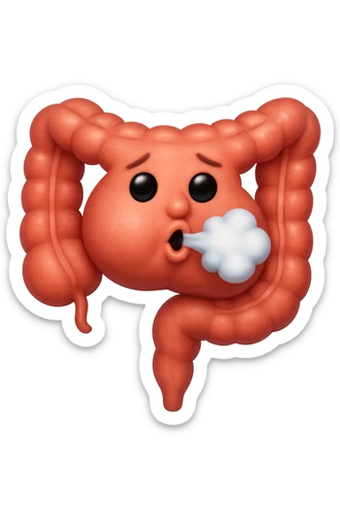 emoji stile iphone di un intestino che ingoia una nuvoletta di aria ben visibile e gli si gonfia la pancia, non fargli il naso, iperrealistico 4k sticker