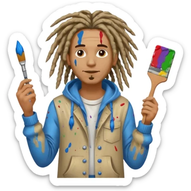 man artist with dreadlock, holding painter sticker