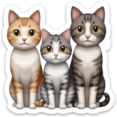 3 different coloured short haired cats including; a dark brown tabby and white cat, and a dark grey and white  sticker