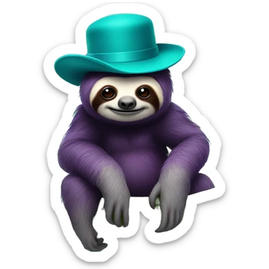 Purple sloth on a banana tree wearing a bowler hat that is turquoise with an evil face  sticker