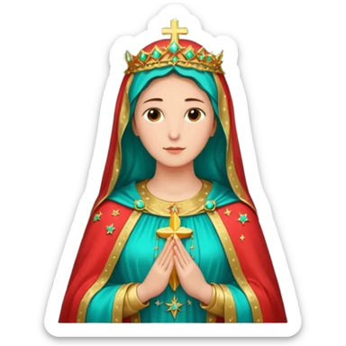virgen maria catolica con vestido rossa, coral y manto verde turquesa y pequeñas estrellas doradas, dispersas por el manto, muchas estrellas en su manto.con las manos juntas sticker