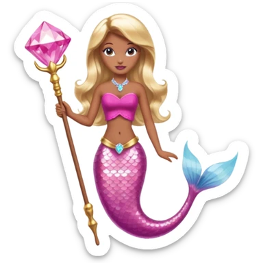 Brown skin blonde hair barbie mermaid with pink diamond tail and wand  sticker