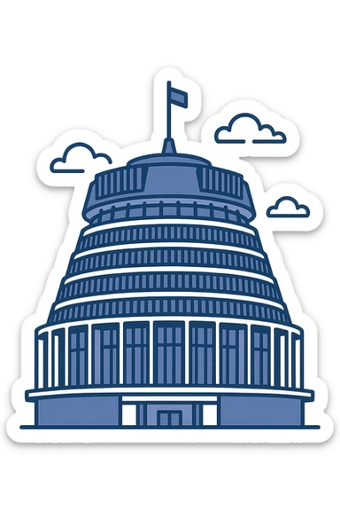 the Beehive Parliament building in Wellington, New Zealand, in a flat minimal style, no text sticker