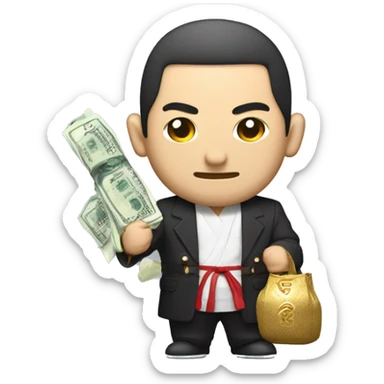 Japanese Yakuza with Samurai Sword but also holding in his hands a bag of fat stacks of money sticker