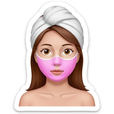 A woman with brown hair, a white towel wrapped around her head. Her face is covered with a pink skincare mask applied to the T-zone and cheeks sticker